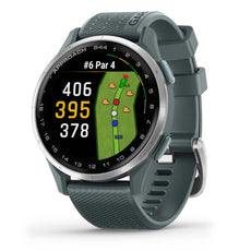Golf GPS-Uhr mit silbernem Gehäuse, Farbbildschirm zeigt Golfplatz-Layout und Entfernungen