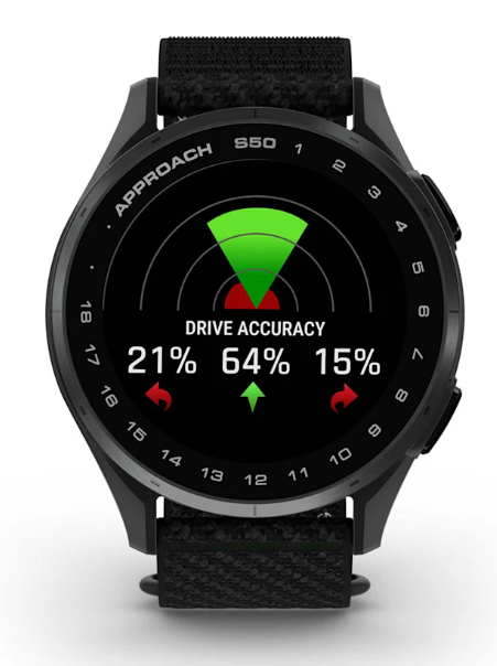 Schwarze Golf GPS-Uhr zeigt Drive-Genauigkeit mit prozentualer Auswertung auf dem Display.
