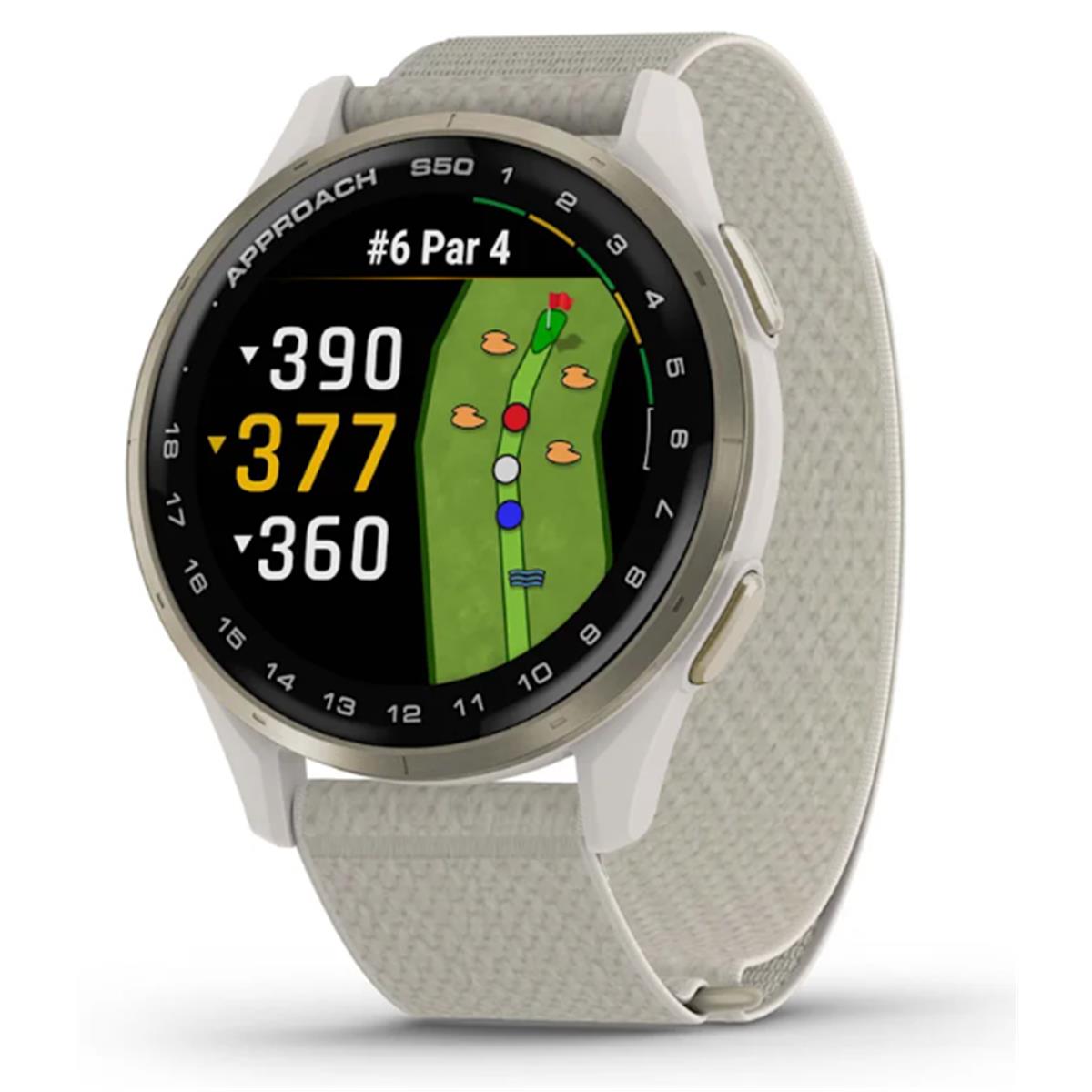 Golfer GPS-Uhr mit grauem Armband und farbigem Golfplatz-Display, Entfernungsanzeige