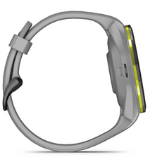 Golf GPS-Uhr in Grau mit gelber Umrandung, Seitenansicht, modernes Sportdesign