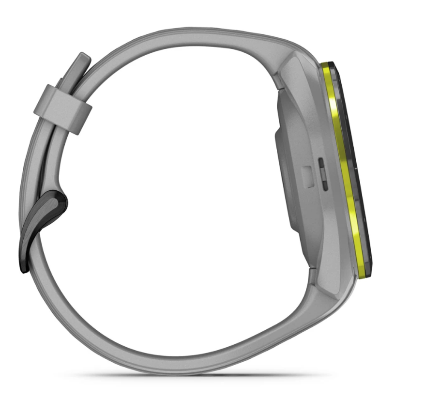 Golf GPS-Uhr in Grau mit gelber Umrandung, Seitenansicht, modernes Sportdesign