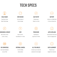 Technische Daten eines Golf Launch Monitors mit Dual Radar, WiFi, HD-Kamera, Akku und Auto-Leveling.