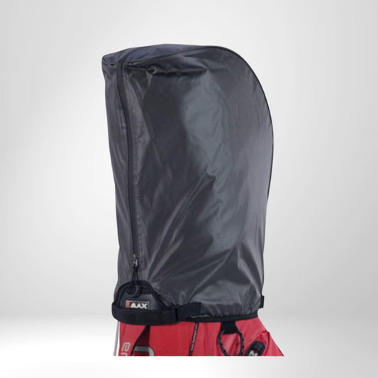 Schwarze Universal-Golfschlägerhaube als Regenschutz auf roter Golftasche