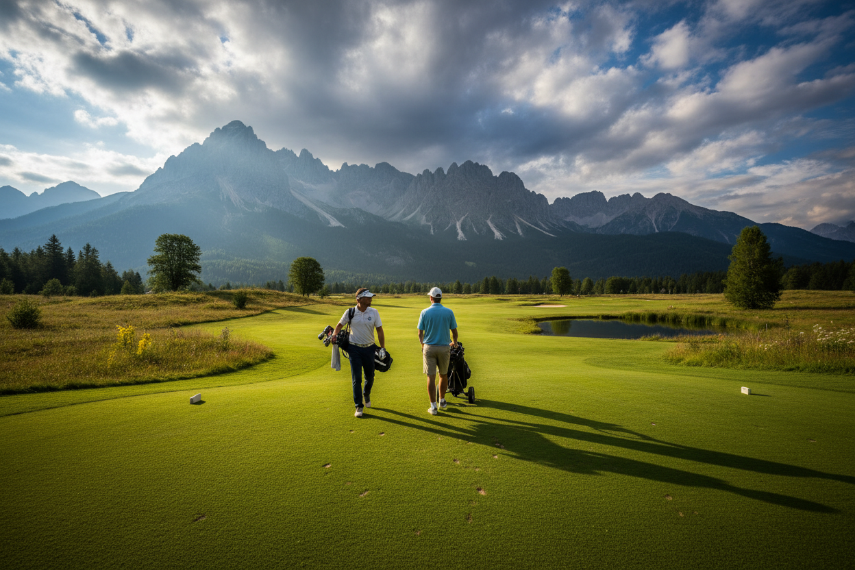 Zwei Golfer gehen mit Golfbags über ein Fairway, Berge und Wolken im Hintergrund, Golfplatz Österreich
